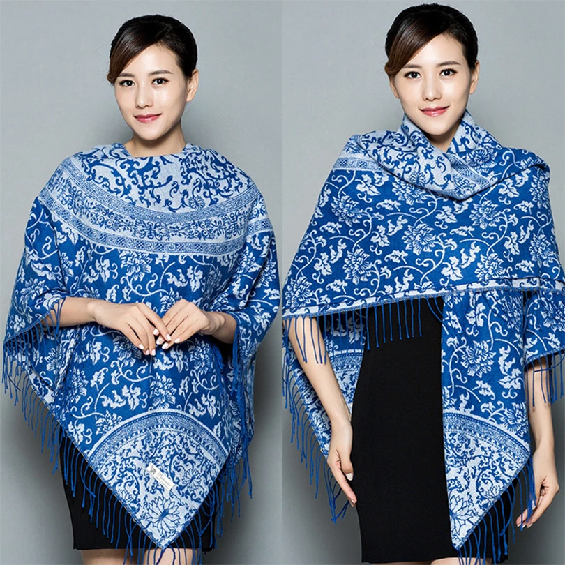 

2021 autumn and winter cashmere blue and white porcelain 140 * 140 women's scarf versatile shawl customizable pattern