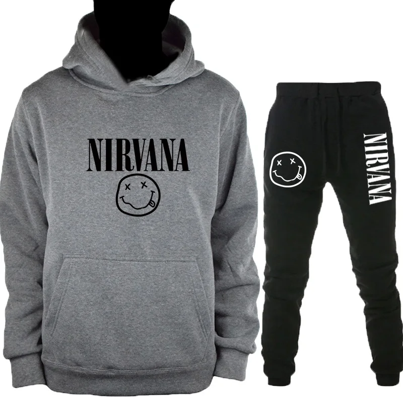GrayH-HeiK Новинка, осенняя и зимняя теплая толстовка Nirvana, Мужская/Женская модная Толстовка в стиле хип-хоп+ брюки, костюм из 2 предметов - Цвет: GrayH-HeiK
