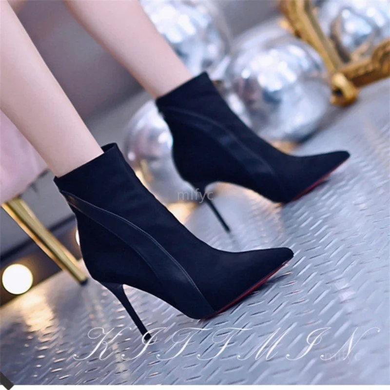 

Женские зимние короткие ботинки на шпильке, черные бархатные тонкие женские ботинки с острым носком и молнией сзади, 2021