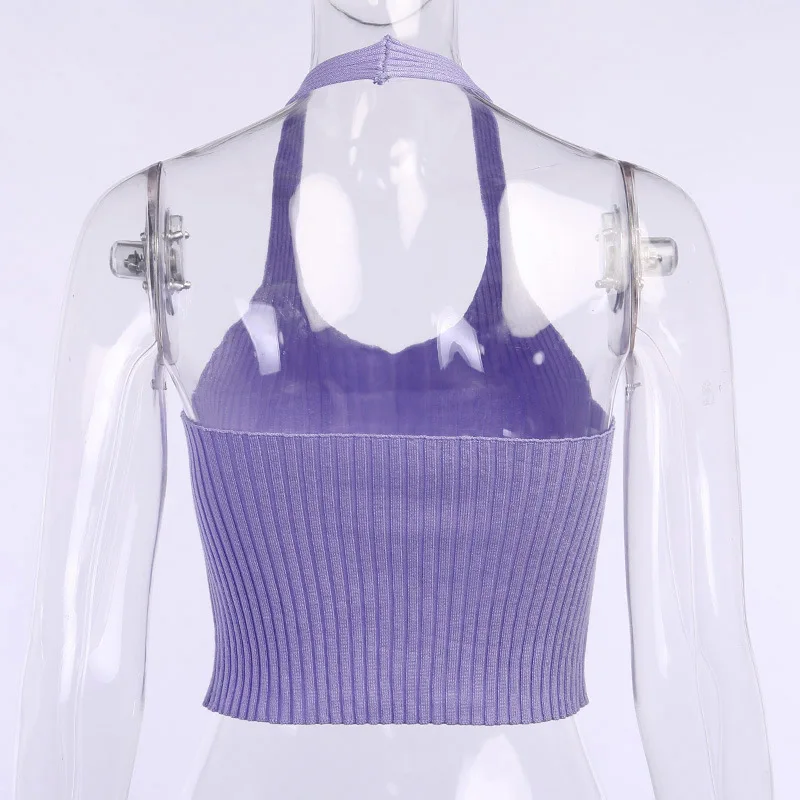 

Women Sexy Purple/Black/White Halter Slim Crop Top Fashion Knit Backless Fitness Tops White Black Purple Vestidos