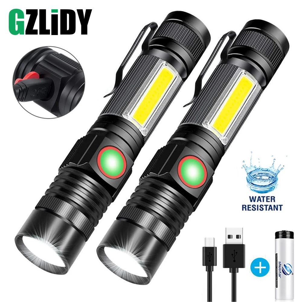 

Super Bright T6 LED Flashlight USB Rechargeable Waterproof COB Torch Zoom Camping Lamp Portable 18650 Lantern with Tail Magnet