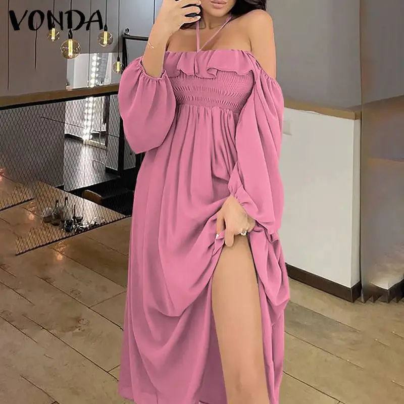 

Women High Split Hem Dress VONDA Autumn Sexy Strapless Backless Long Sleeve Solid Dresses Off Shoulder Maxi Vestidos Loose Robe