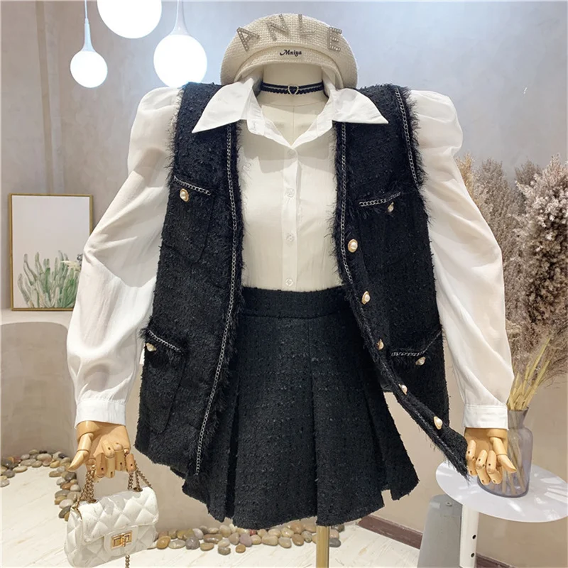 

Новая нишевая дизайнерская женская одежда, осень 2021, твидовая куртка из трех предметов, Корейская юбка с завышенной талией, однобортная Сво...