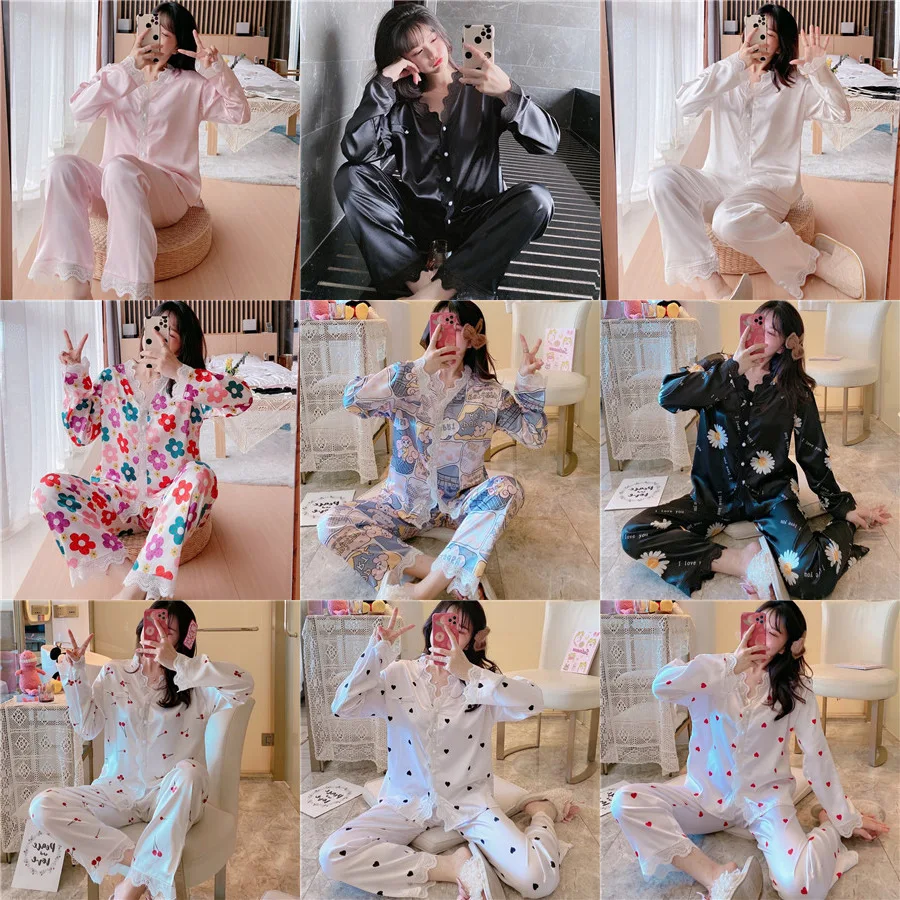 Ice Silk Pajamas Women's Spring Summer Long Sleeve Trousers 2Pcs Set Nightwear Korean Thin Simple Fashion Home Wear Sleepwear