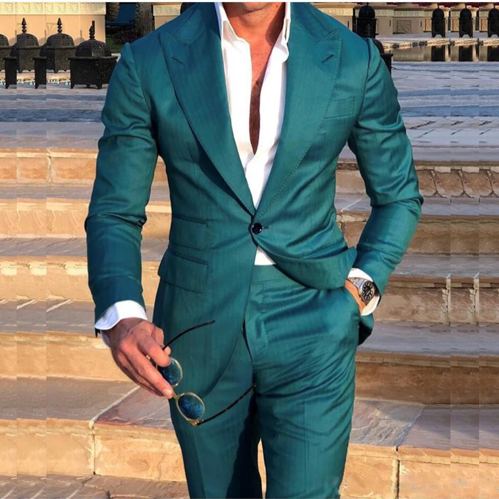 Costume Homme Green Wedding Tuxedos Slim Fit Groom Suits Tailor Made Groomsmen Prom Party Suits (Jacket+Pants) Terno Masculino