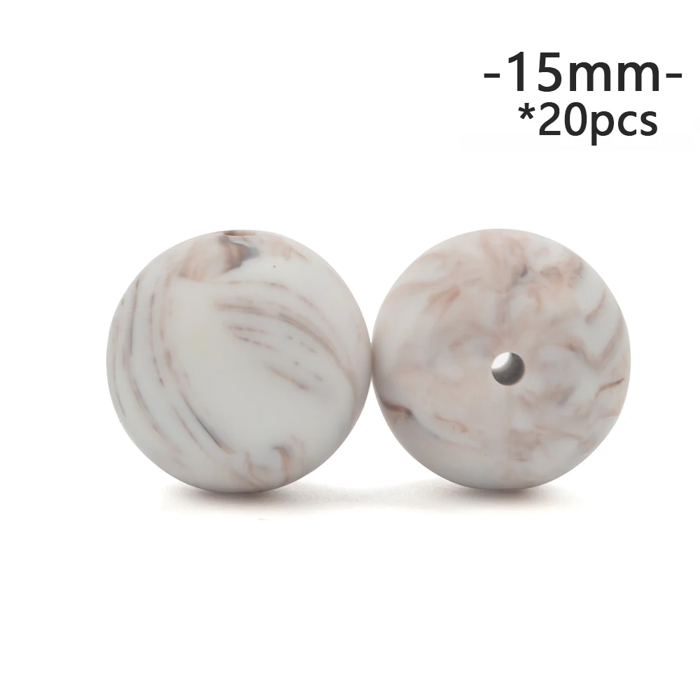 brown marble LOFCA 15mm 20pcs/lot Silicone Loose Beads Safe Teether Round Baby Teething Beads DIY Chewable Colorful Teething For Infant - Цвет: brown marble
