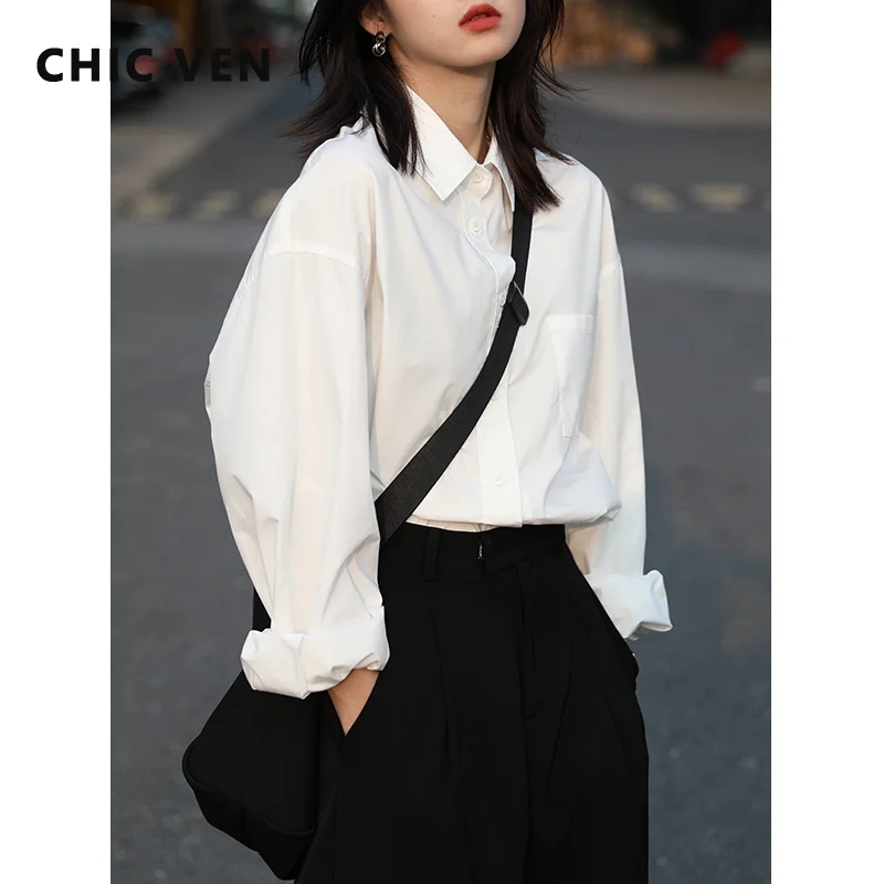 

CHIC VEN Women's Shirts Cotton Casual Loose Solid Women Blouses Office Lady Long Sleeve Top Spring Autumn White Korean Fashion
