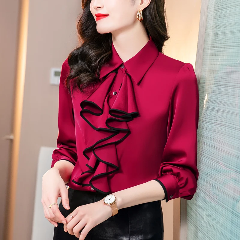 

gkfnmt Long Sleeve White Blouse Office Lady Elegant Ruffle Buttons Shirt Blouse Women Pullover Top Blusa Spring Autumn Plus Size