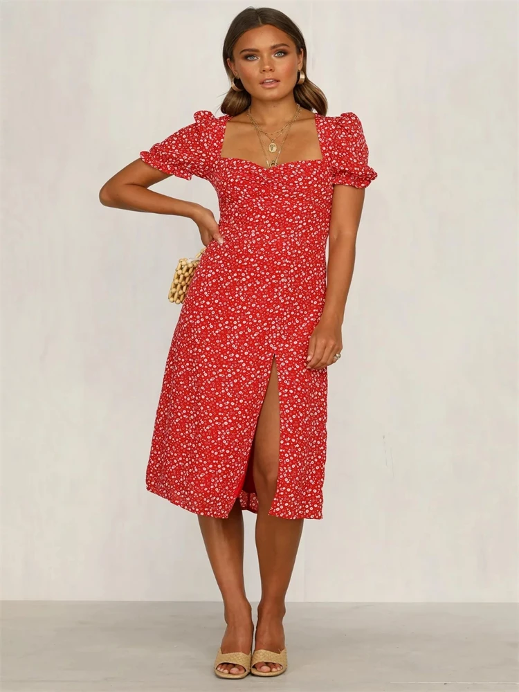 

Fesson Polka Dot Midi Summer Dress With Slit Square Collar Puff Sleeve Boho Long Corset Ruffle Beach Ladies Dresses Streetwear