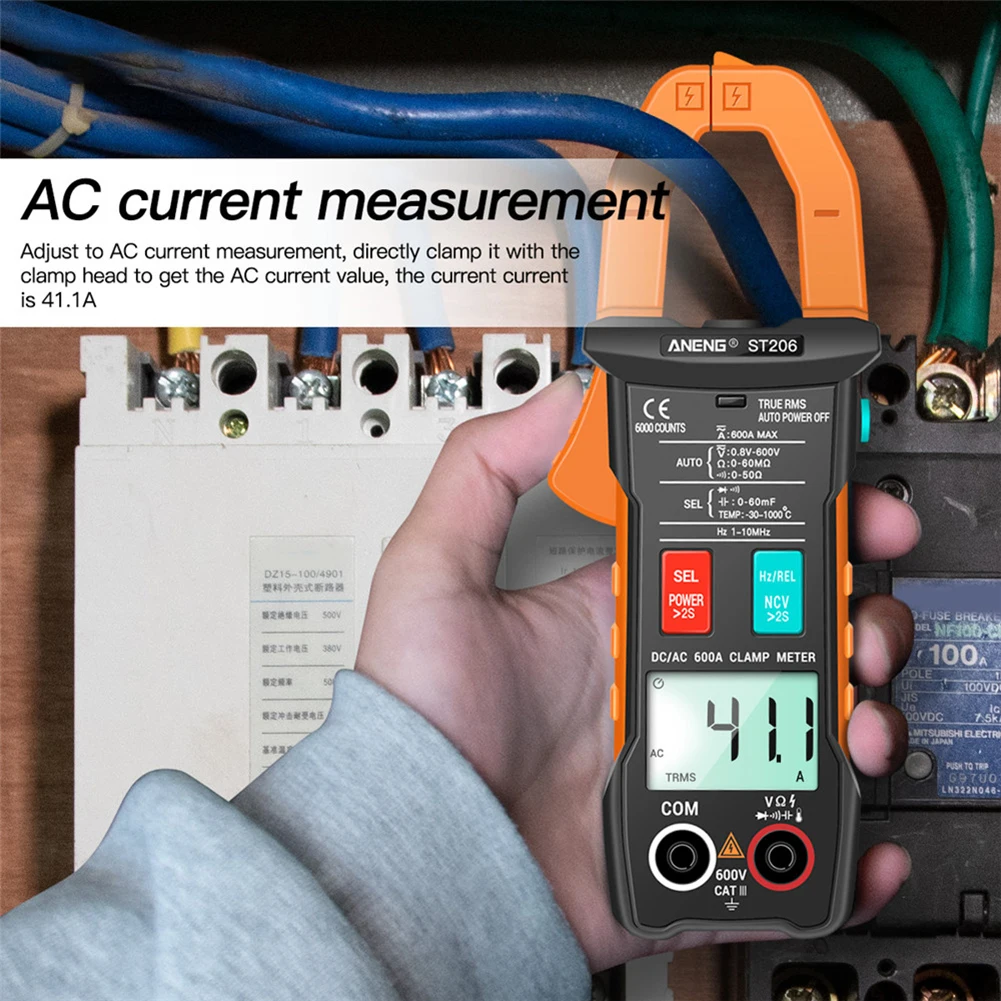 

ST206 Digital Clamp Multimeter Power Meter 6000 Counts Auto Range AC/DC Current Voltage Transistor Tester
