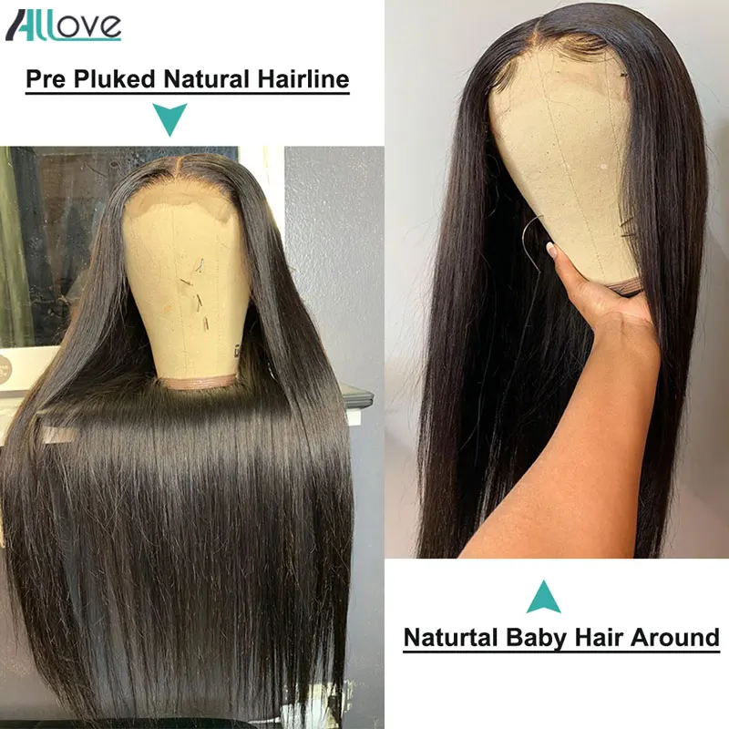 Allove прямые человеческие волосы парики предварительно выщипанные кружевные