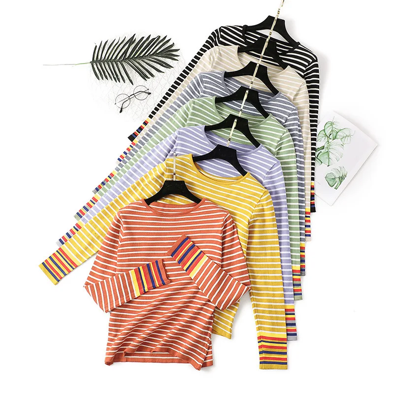 TOPPICK Autumn Sweater Women Pullover Knitted Rainbow Pull Femme Striped Stitching Bottoming Shirt Short Top | Женская одежда
