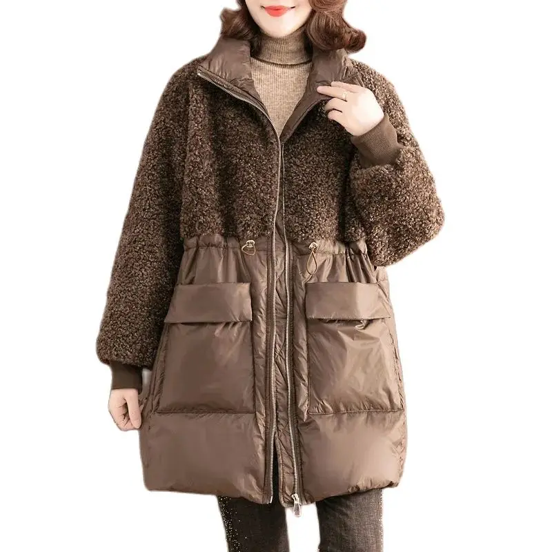 

Cotton-padded Coat Women Mid-length Winter Fashion Stitching Lamb Wool Cotton Jacket Female Loose Warmth Padded Jacket Trend A22