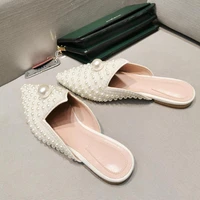 flats slippers female summer 2021 new pearl half slipper pointed flat mules shoes woman string bead slides genuine leather shoe