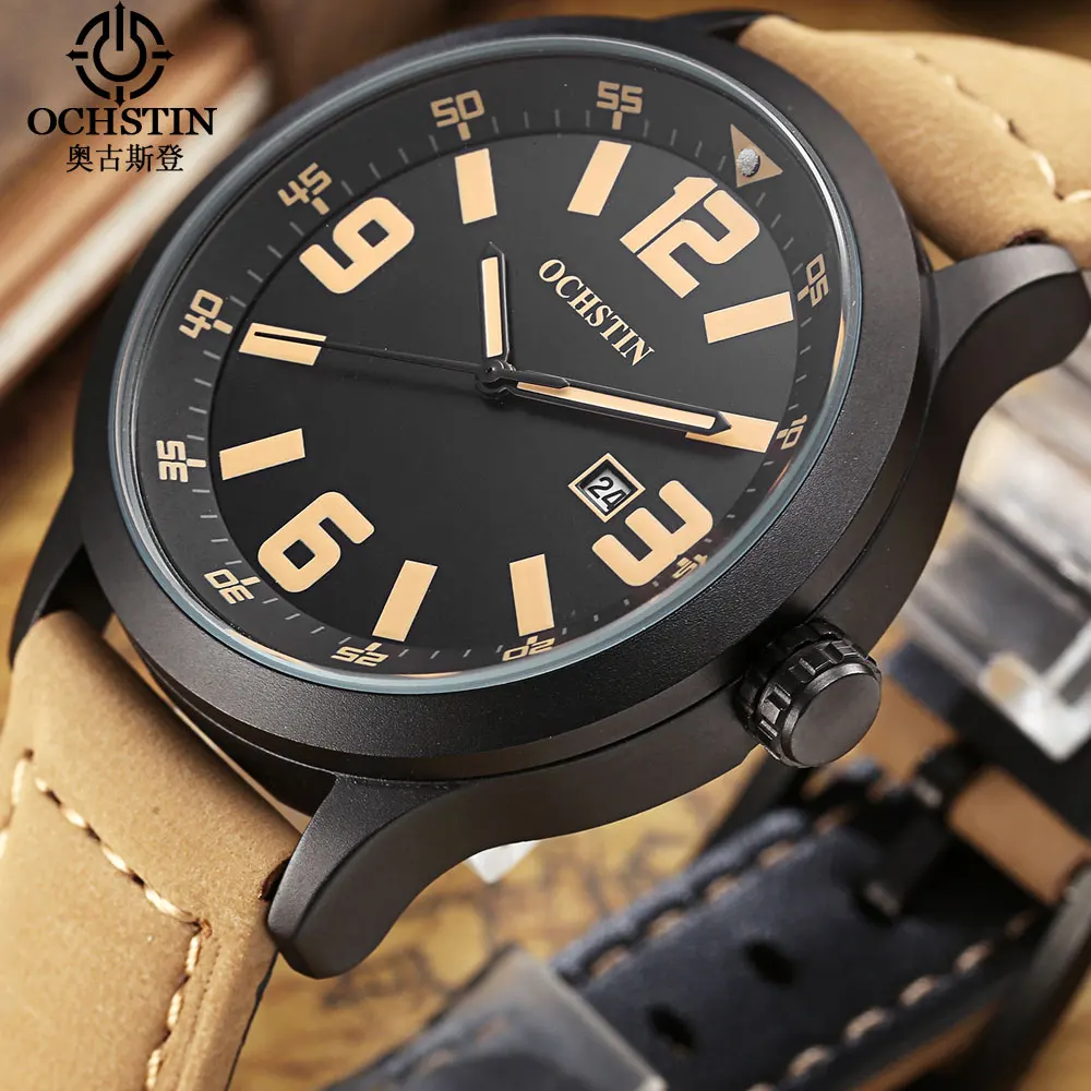 OCHSTIN для мужчин кварцевые модные повседневные часы кожаный ремешок спортивные
