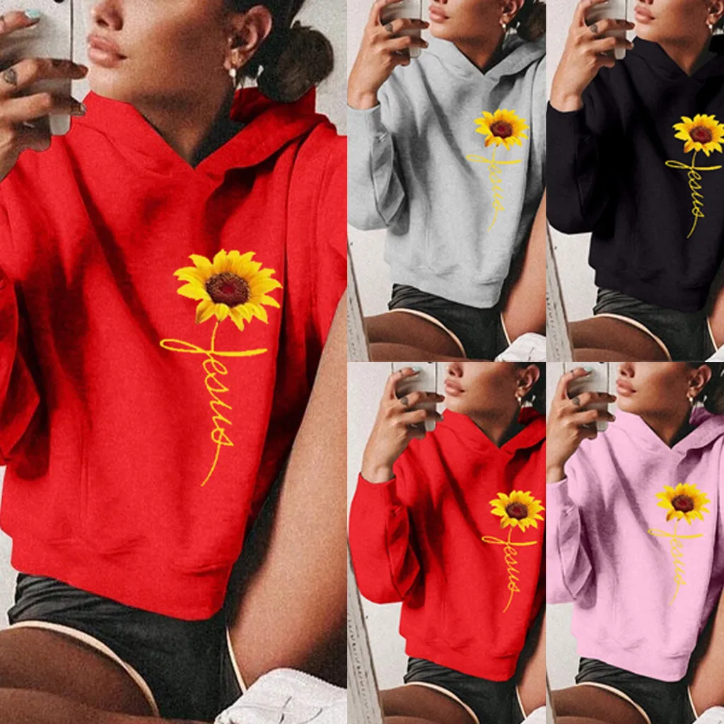 

Vogue Ladies Fashion Sunflower Print Long Sleeve Hooded Turtleneck Loose Women Hoodies Sweatshirt Female Casual Coat