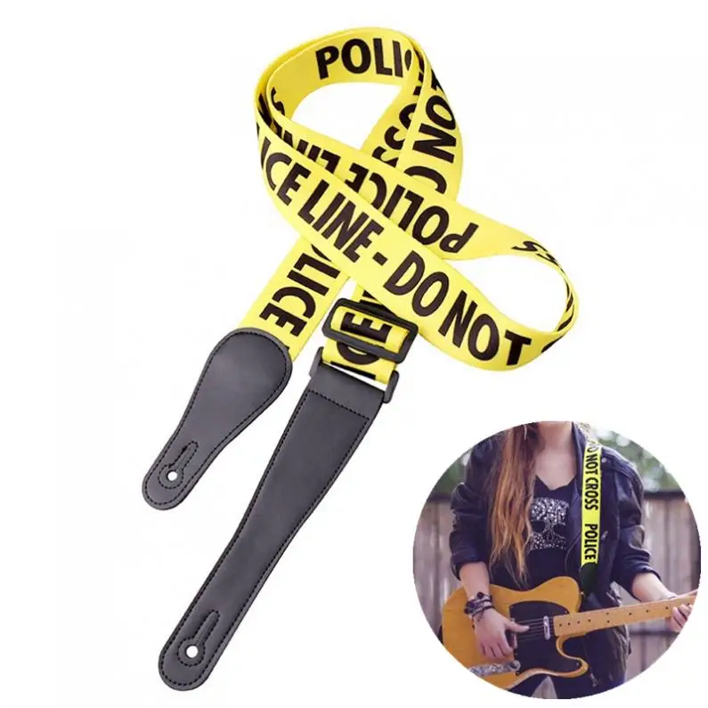 Adjustable Guitar Strap Line Words Pattern with Genuine Leather Head Guitar Strap for Acoustic Electric Bass Guitar