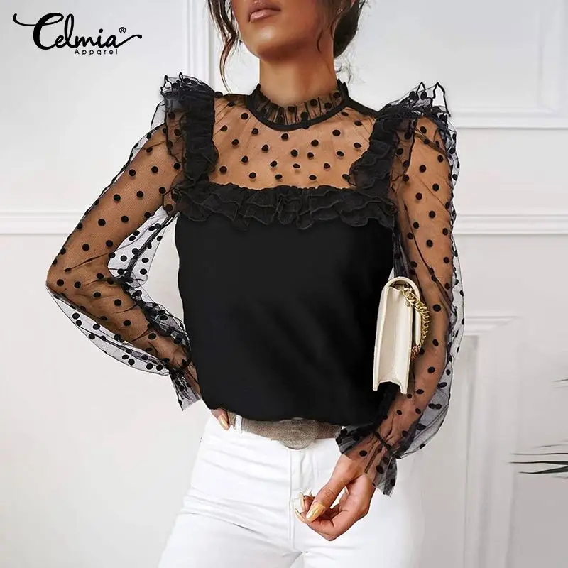 

Celmia Women See-through Mesh Sheer Blouses Elegant Lace Stitching Polka Dot Ruffles Tops Fashion Long Sleeve Stand Collar Tunic