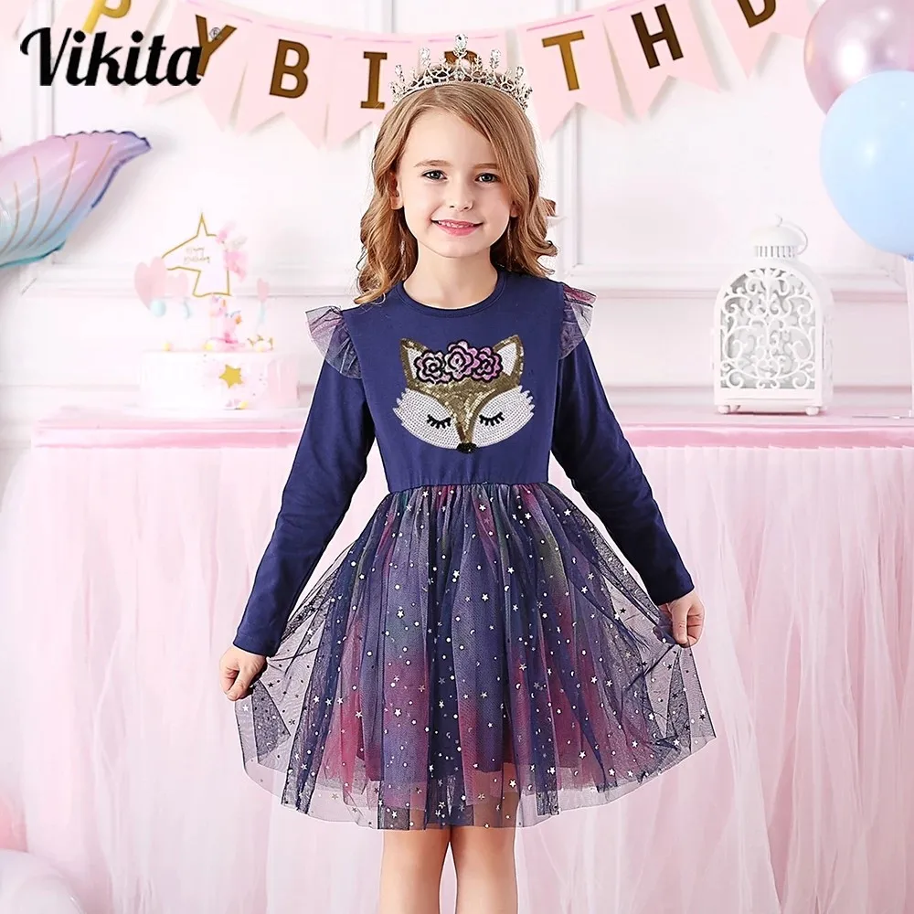 

VIKITA Girls Long Sleeve Autumn Winter Kids Casual Vestidos Kids Cartoon Dress New Year Christmas Dresses for Girl 3 to 8 Years