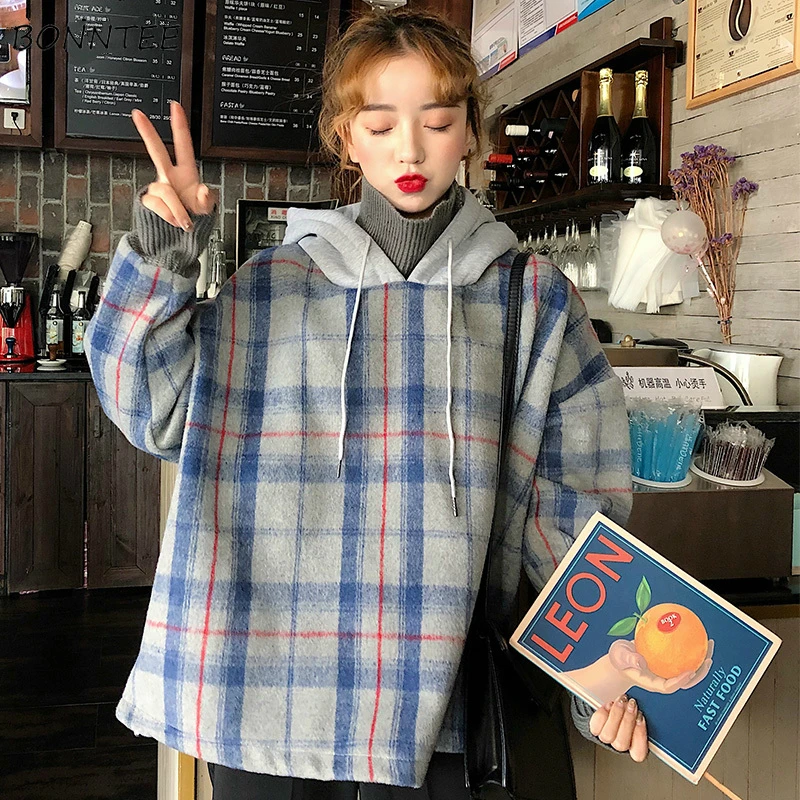 

Hoodies Women Plaid Hooded Winter Thicker Plus Velvet Fake 2 Piece Simple Loose All-match Korean Style Harajuku Chic Casual NEW