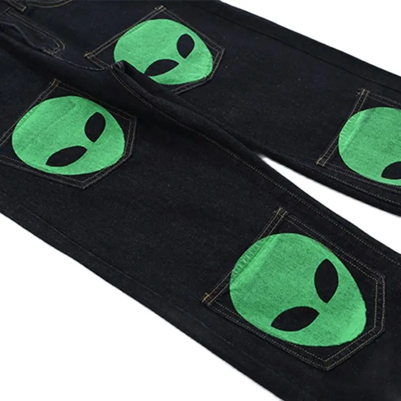 2021 Cartoon Alien Avatar Print Black Straight Oversized Men Denim Trousers Preppy Style Casual Punk Jeans Pants Pantalon Homme