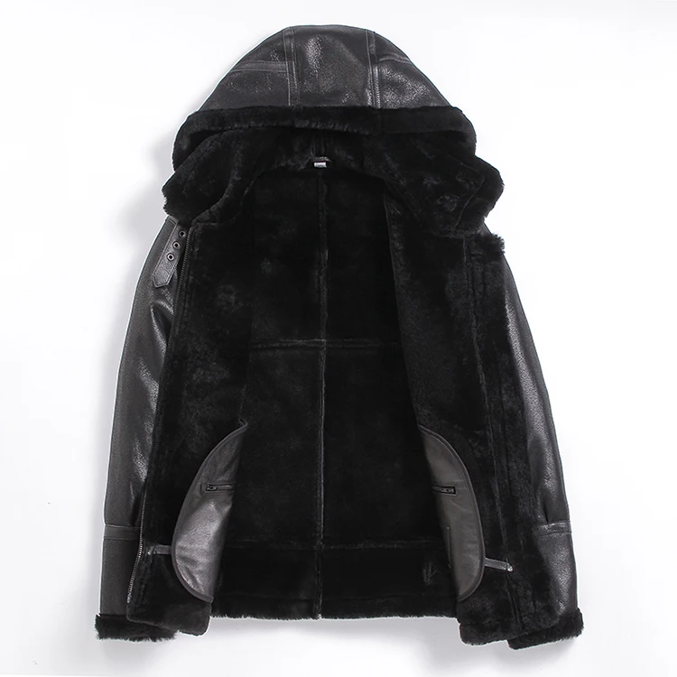 Мужская куртка Авиатор из натуральной овчины черная кашемировая с капюшоном 3xl 4xl