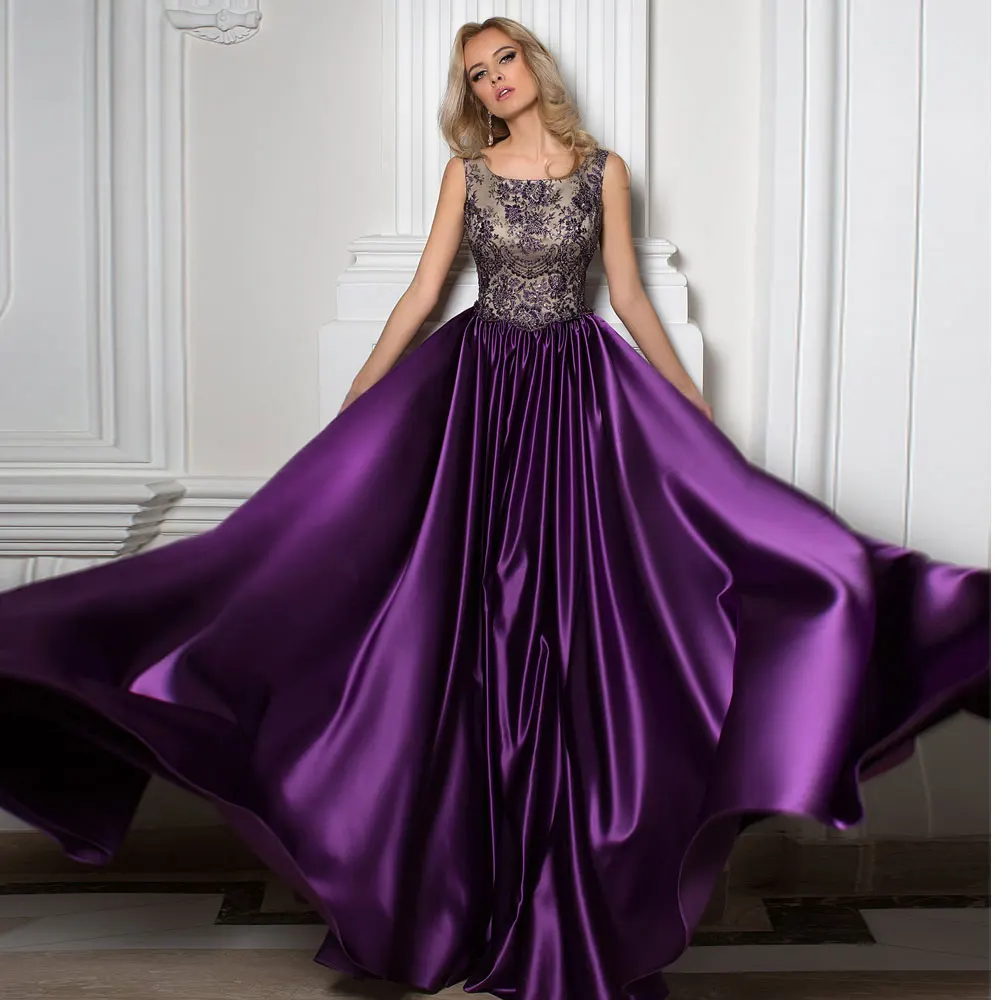 

Purple A-line Jewel Sweep/Brush Floor length Applique Beading Zipper Sleeveless Evening Dresses high quality Fashion 2021
