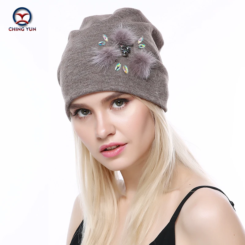 CHINGYUN 2019new кашемировая вязаная шапка мягкая зимняя теплая Высококачественная Женская однотонная вязаная шапка изысканное Настоящее плюшевое украшение