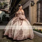 Розовое Золотое блестящее бальное платье, платья для Quinceanera со съемными рукавами, милое платье с блестками и аппликацией, праздничная одежда на 16