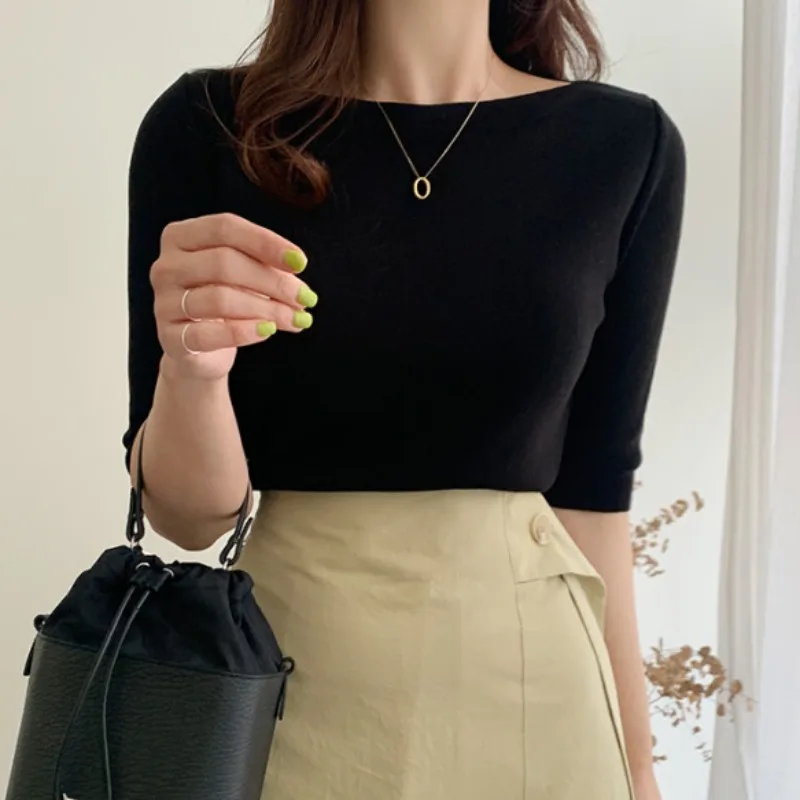 Хлопковые базовые вязаные футболки женские модные летние однотонные Женские