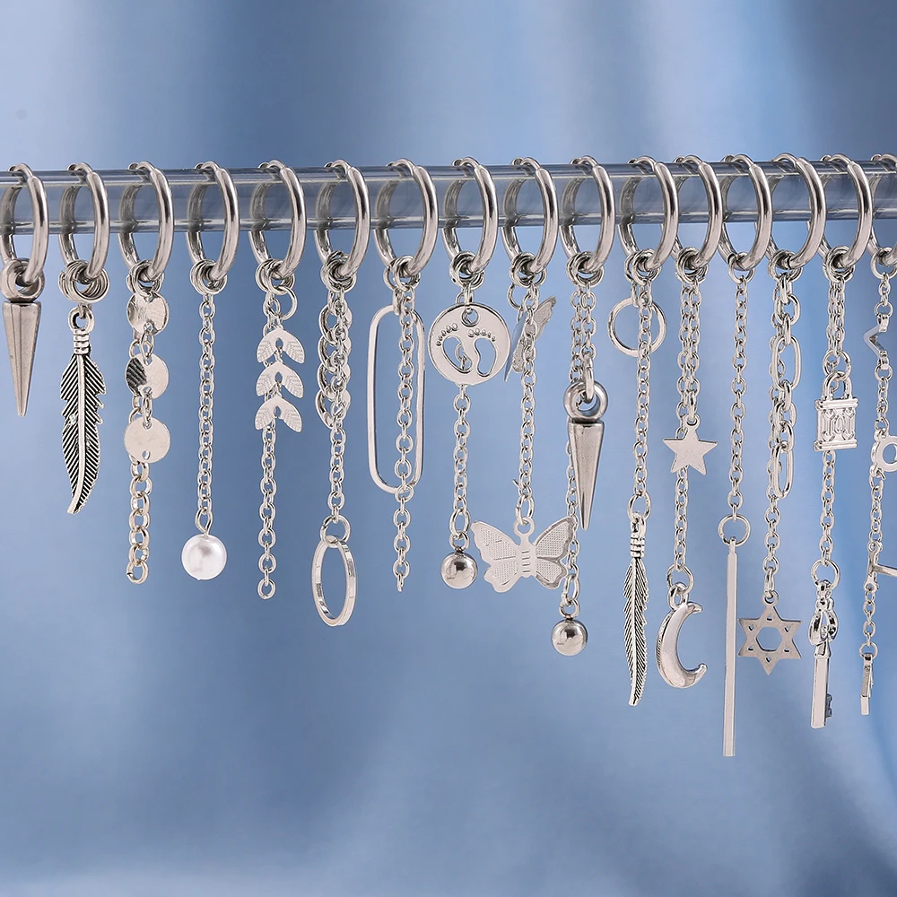 

New Punk Stainless Steel Chain Hoop Earrings for Women Men Trendy Hip Hop Pendants Ear Buckle Earring Jewelry Accessories