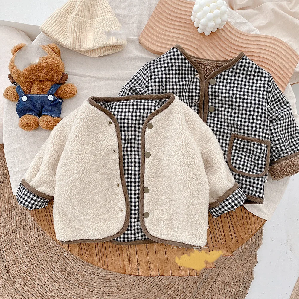 

Winter unisex children fashion thicken double sided coats boys and girls fleece thick warm plaid jackets