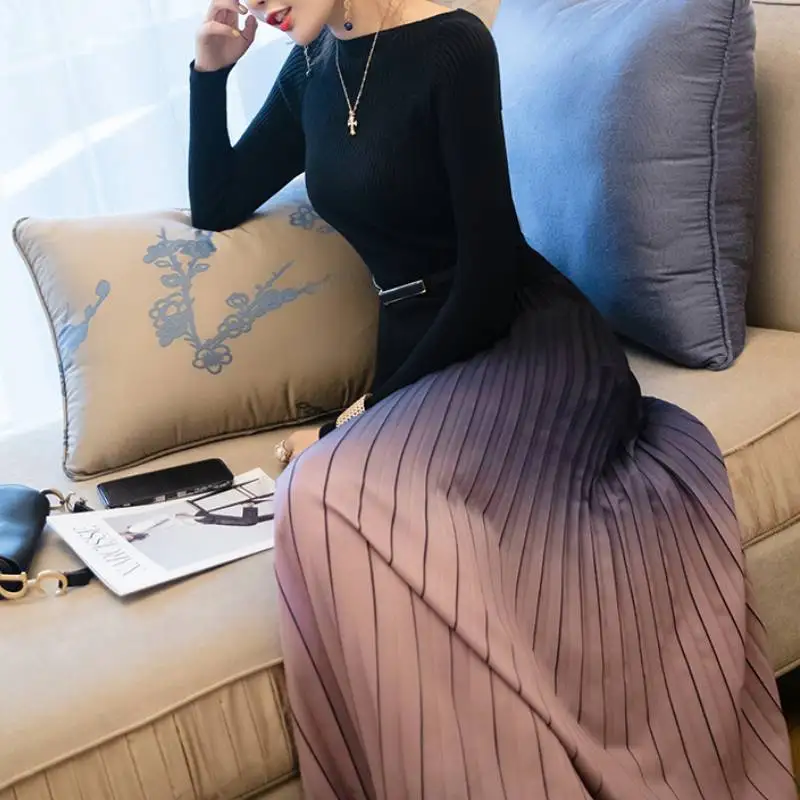 

One-piece elegant temperament knitted skirt Slim slimming fashion formal pleated spring and autumn dress TOPs