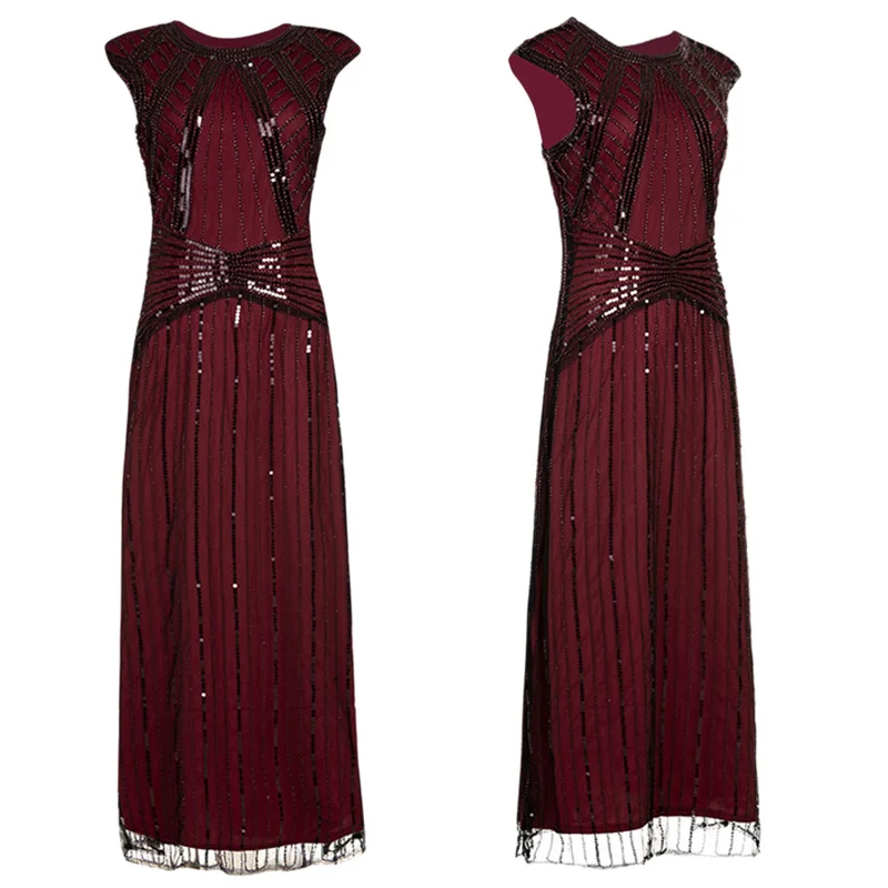 

Women Vintage Long Dress Embellished Great Gatsby Round Neck Retro Costume Lady Sequins Maxi Formal Prom-Gown Dresses