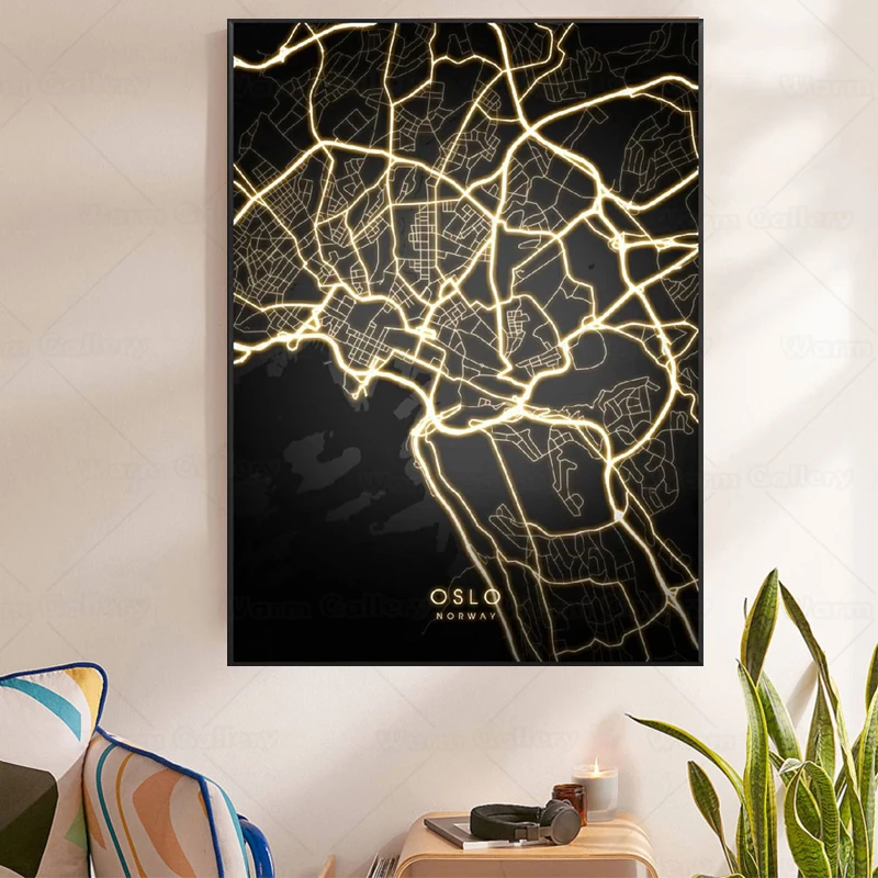 Карта Города мира Норвегия Осло ночной вид дорога свет холст декоративная