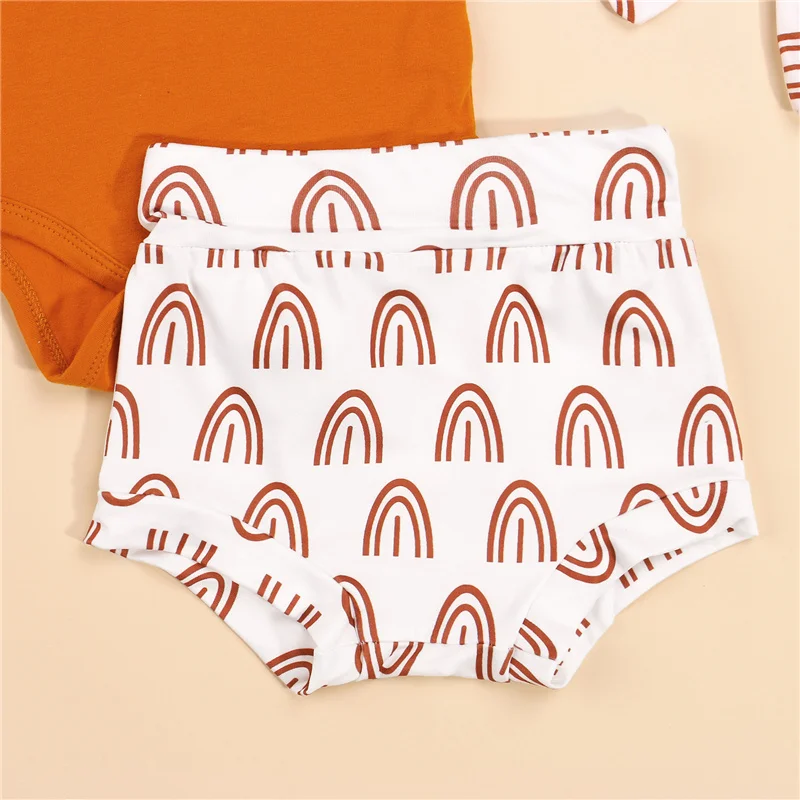 

3Pcs Baby Girls Kids Sweet Clothes Set,Summer Letter Print O-Neck Short Sleeve Romper+Rainbow Print Shorts+Headband,0-18Months