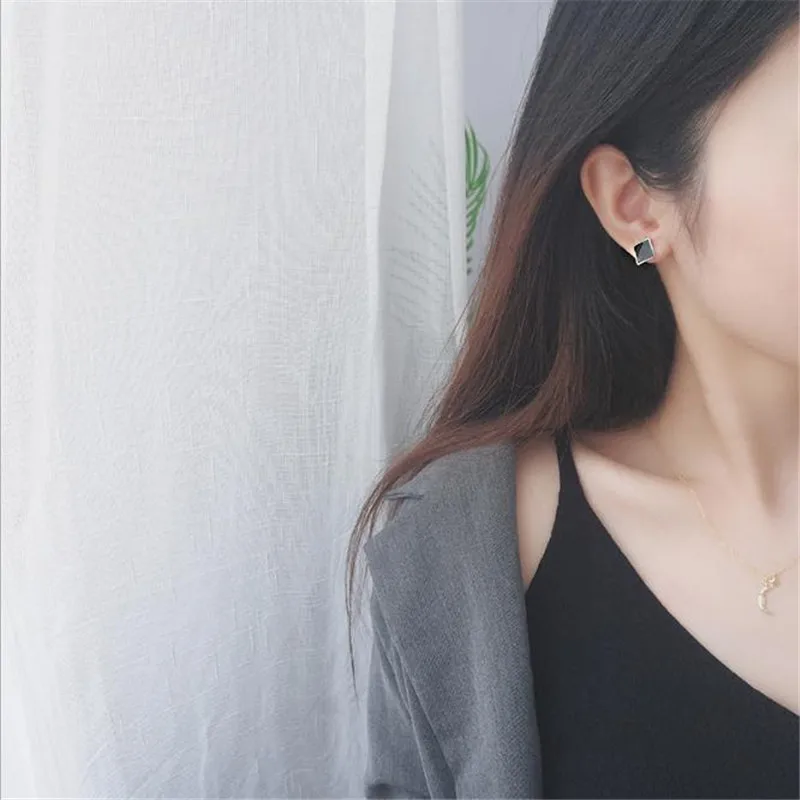 POFUNUO 925 Sterling Silver Geometric Rhombus Girls Stud Earrings Minimalist Women Chic White Black Square Ear Fine Jewelry | Украшения и