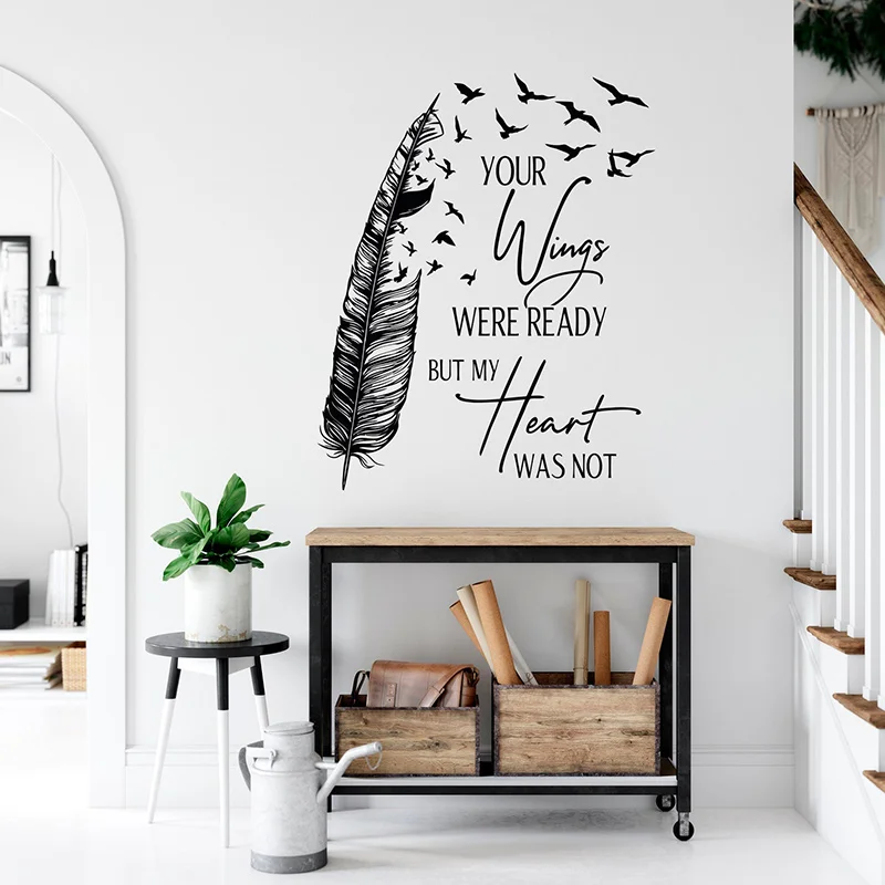 

Creative Feathers with Birds Wall Decal Quote Your Wings Were Ready Vinyl Home Decoration Living Room Saying Wall Stickers S476