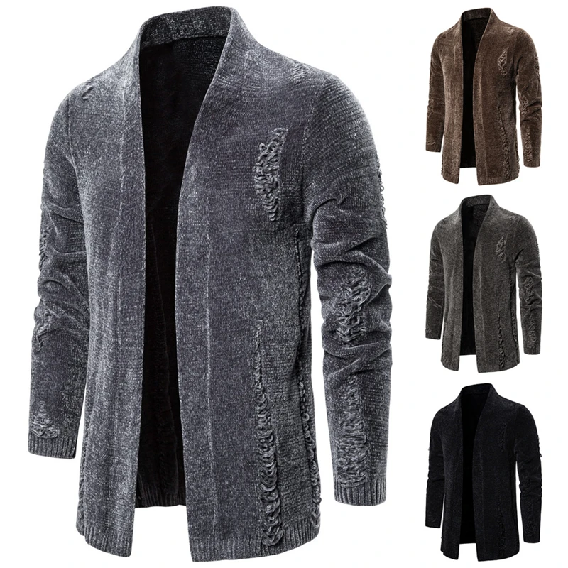 Мужская Уличная одежда плотный теплый длинный кардиган с дырками ветровка