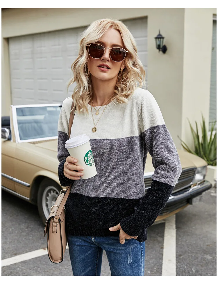 

Donsignet Women's Sweater Fashion Spring Round Neck Pullover Pure Stripe Stitching Knitted Long Sleeves Office Lady Sweater