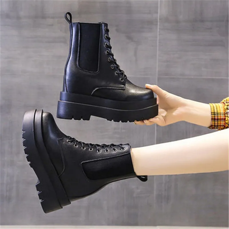 

2020 Autumn PU Leather Boots Women Shoes High Heels Women Platform Ankle Boots Fashion Casual Lace up Ladies Ankle Boot black