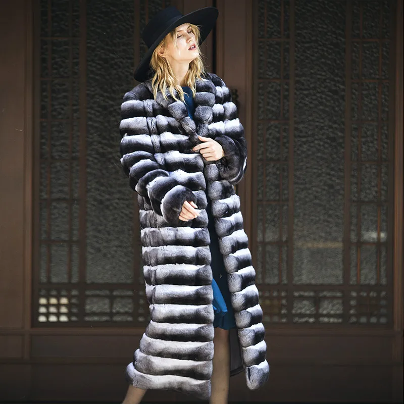 FURSARCAR 2021 New 120cm X-Long Natural Rex Rabbit Fur Jacket With Collar Winter Women Chinchilla Coat Fur Fashion Outwear