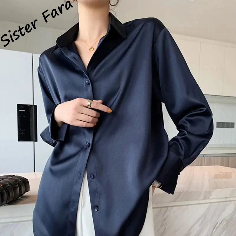 Однотонная Элегантная атласная рубашка Sister Fara Весенняя женская Свободная