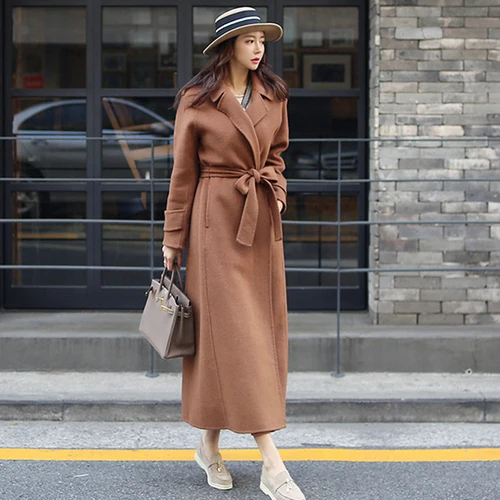 

Women Woolen Coats Female Blend Coats Office Ladies Notched Collar Long Overcoats Winter Warm Full Sleeve Belted St306