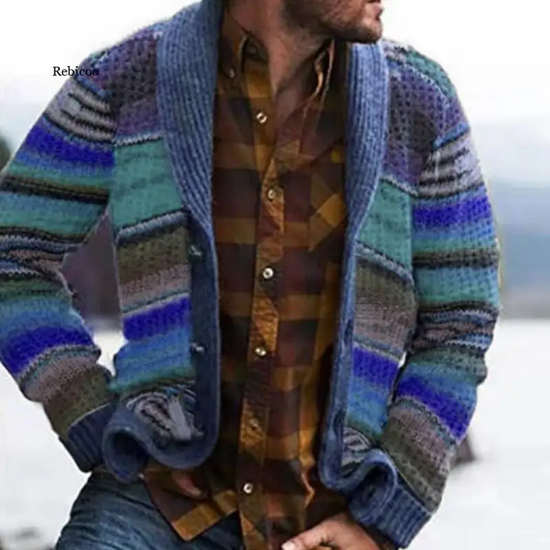 

2021 Men's Stitching Lapel Jacket Autumn Fashion Knitted Jacket Sweater Stitching Cardigan Men's Western Sweatshirt