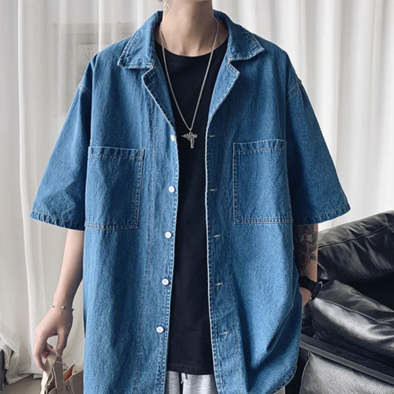 

Summer Cotton Denim Shirt Men's Fashion Retro Blue Denim Shirt Men Streetwear Korean Loose Short Sleeve Shirts Mens M-2XL
