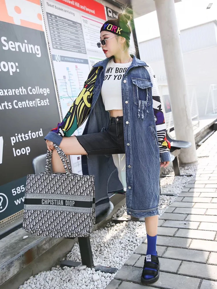 

European and American style brand 2019 autumn new fashion stitching print graffiti loose wash denim long coat female
