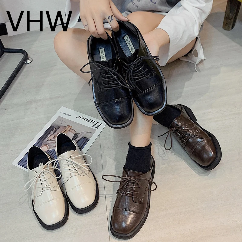 

Women Small Leather Shoes 2021 Spring Vintage Lace up Fashion Oxfords Platform Shoes Female Brown Black Casual Leather Shoes