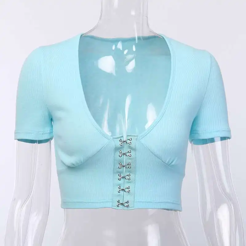 2019 New Sexy Women Tanks Camis Short Sleeve Crop Top Tops for Lady Slim Knitted Club Streetwear White Blue Color | Женская одежда