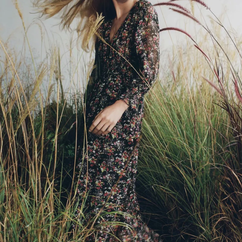 Женское винтажное шифоновое платье KUMSVAG элегантное черное с длинным рукавом и v